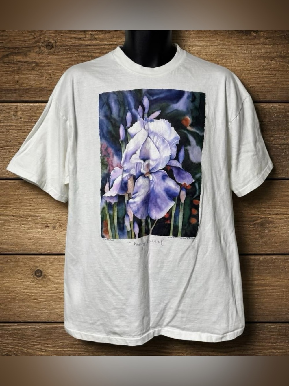 Vtg Mary Russell Iris Watercolor Art Flower Graphic T Shirt L Purple Botanical